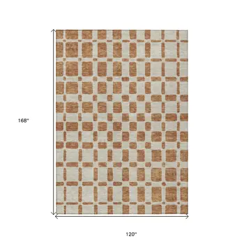 10' X 14' Terra Cotta And Beige Geometric Washable Indoor Outdoor Area Rug