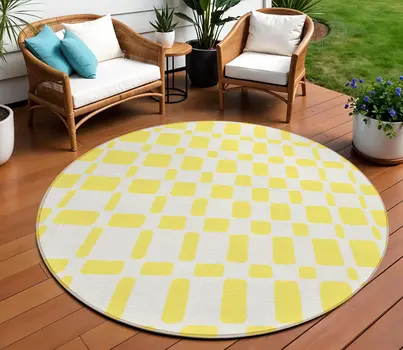 8' Yellow And Gray Round Geometric Washable Indoor Outdoor Area Rug