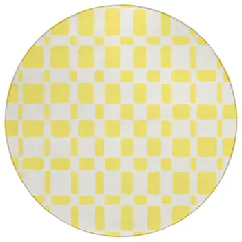 8' Yellow And Gray Round Geometric Washable Indoor Outdoor Area Rug