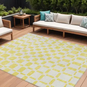 10' X 14' Yellow And Gray Geometric Washable Indoor Outdoor Area Rug