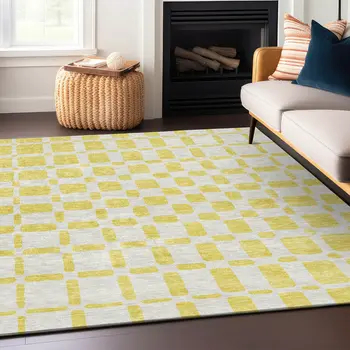 10' X 14' Yellow And Gray Geometric Washable Indoor Outdoor Area Rug