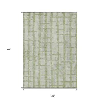 3' X 5' Artichoke Green And Gray Striped Washable Indoor Outdoor Area Rug