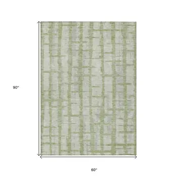 5' X 8' Artichoke Green And Gray Striped Washable Indoor Outdoor Area Rug