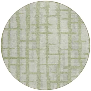 8' Artichoke Green And Gray Round Striped Washable Indoor Outdoor Area Rug