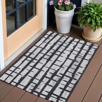 3' X 5' Black Beige And Gray Striped Washable Indoor Outdoor Area Rug