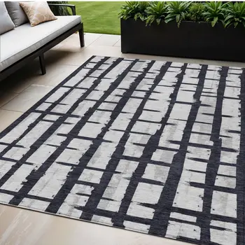 5' X 8' Black Beige And Gray Striped Washable Indoor Outdoor Area Rug