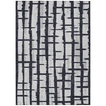 5' X 8' Black Beige And Gray Striped Washable Indoor Outdoor Area Rug