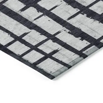 8' X 10' Black Beige And Gray Striped Washable Indoor Outdoor Area Rug