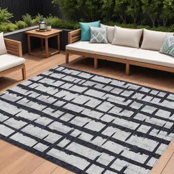 9' X 12' Black Beige And Gray Striped Washable Indoor Outdoor Area Rug