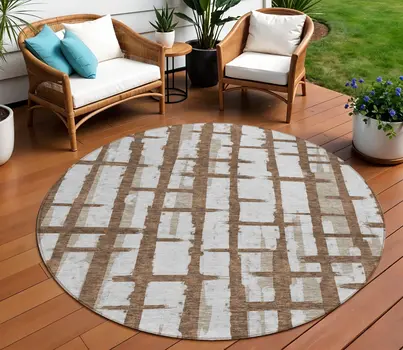 8' Chocolate And Beige Round Striped Washable Indoor Outdoor Area Rug