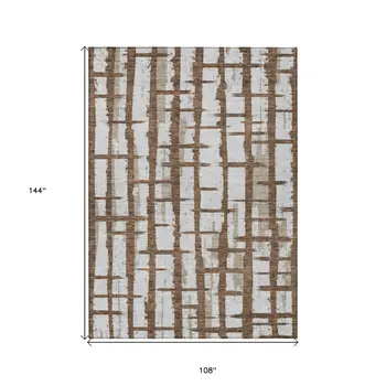 9' X 12' Chocolate And Beige Striped Washable Indoor Outdoor Area Rug