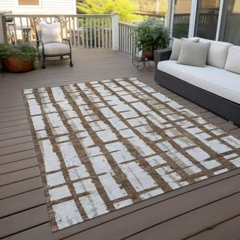 9' X 12' Chocolate And Beige Striped Washable Indoor Outdoor Area Rug