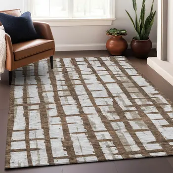10' X 14' Chocolate And Beige Striped Washable Indoor Outdoor Area Rug