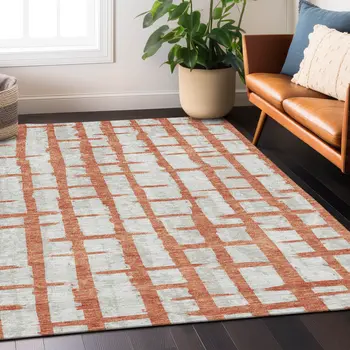 3' X 5' Coral And Gray Striped Washable Indoor Outdoor Area Rug