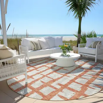 8' Coral And Gray Round Striped Washable Indoor Outdoor Area Rug