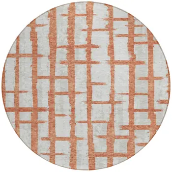 8' Coral And Gray Round Striped Washable Indoor Outdoor Area Rug
