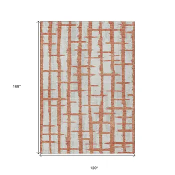 10' X 14' Coral And Gray Striped Washable Indoor Outdoor Area Rug