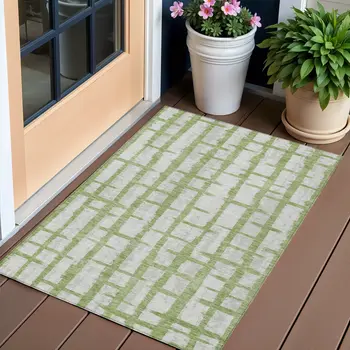 3' X 5' Green And Gray Striped Washable Indoor Outdoor Area Rug