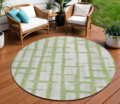 8' Green And Gray Round Striped Washable Indoor Outdoor Area Rug