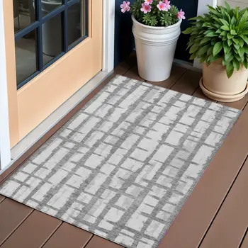 3' X 5' Gray And Ivory Striped Washable Indoor Outdoor Area Rug