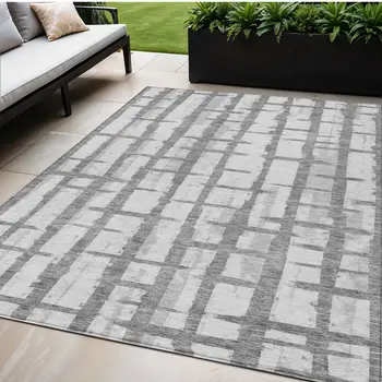 5' X 8' Gray And Ivory Striped Washable Indoor Outdoor Area Rug