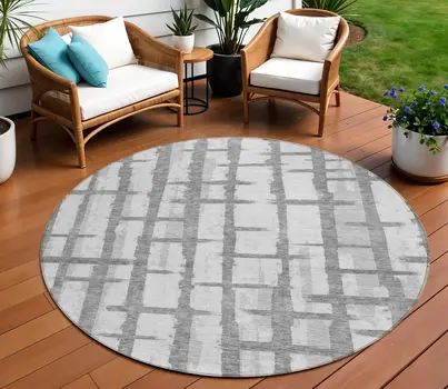 8' Gray And Ivory Round Striped Washable Indoor Outdoor Area Rug