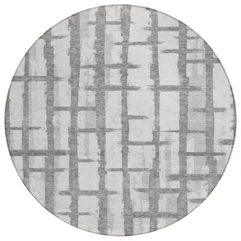 8' Gray And Ivory Round Striped Washable Indoor Outdoor Area Rug