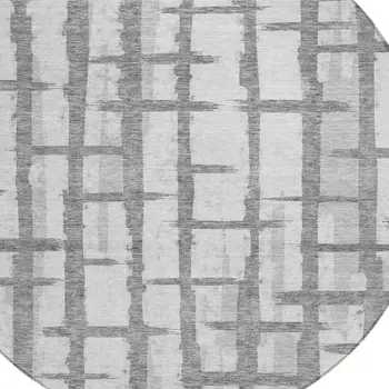 8' Gray And Ivory Round Striped Washable Indoor Outdoor Area Rug