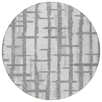 8' Gray And Ivory Round Striped Washable Indoor Outdoor Area Rug