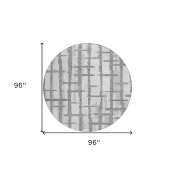 8' Gray And Ivory Round Striped Washable Indoor Outdoor Area Rug