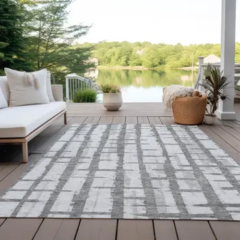 8' X 10' Gray And Ivory Striped Washable Indoor Outdoor Area Rug