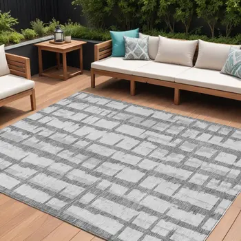 9' X 12' Gray And Ivory Striped Washable Indoor Outdoor Area Rug