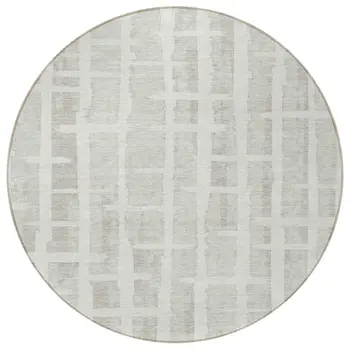 8' Ivory And Gray Round Striped Washable Indoor Outdoor Area Rug