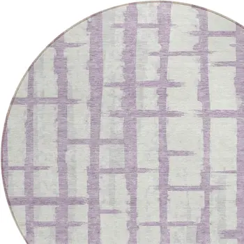 8' Lavender And Ivory Round Striped Washable Indoor Outdoor Area Rug