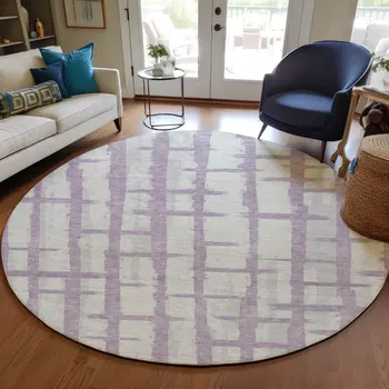 8' Lavender And Ivory Round Striped Washable Indoor Outdoor Area Rug