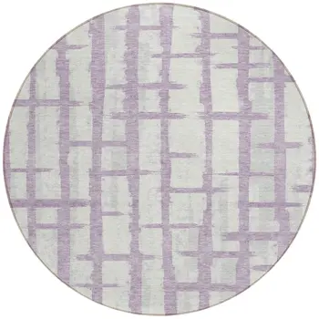 8' Lavender And Ivory Round Striped Washable Indoor Outdoor Area Rug