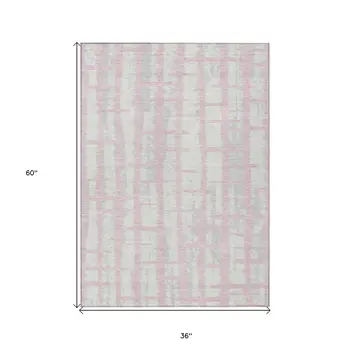 3' X 5' Pink Gray And Ivory Striped Washable Indoor Outdoor Area Rug