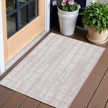 3' X 5' Pink Gray And Ivory Striped Washable Indoor Outdoor Area Rug