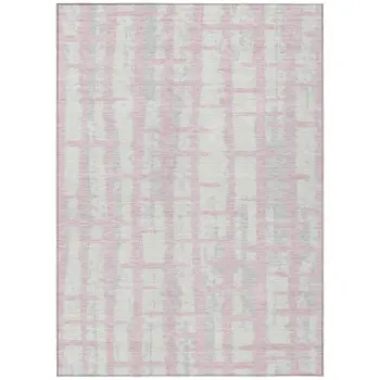 3' X 5' Pink Gray And Ivory Striped Washable Indoor Outdoor Area Rug
