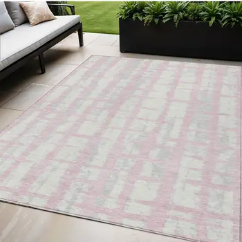 5' X 8' Pink Gray And Ivory Striped Washable Indoor Outdoor Area Rug