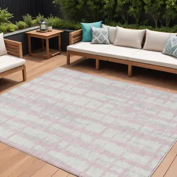 8' X 10' Pink Gray And Ivory Striped Washable Indoor Outdoor Area Rug