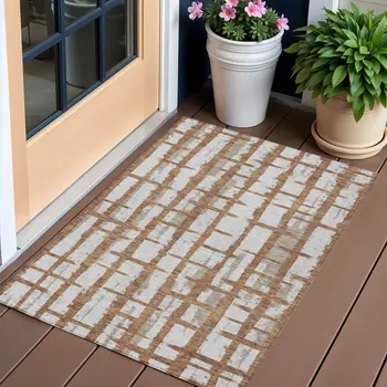 3' X 5' Brown Beige And Ivory Striped Washable Indoor Outdoor Area Rug