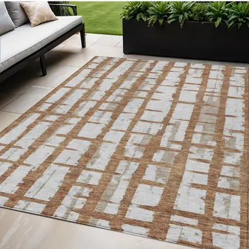5' X 8' Brown Beige And Ivory Striped Washable Indoor Outdoor Area Rug