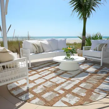 8' Brown Beige And Ivory Round Striped Washable Indoor Outdoor Area Rug
