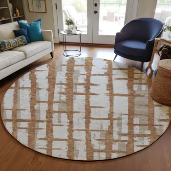 8' Brown Beige And Ivory Round Striped Washable Indoor Outdoor Area Rug