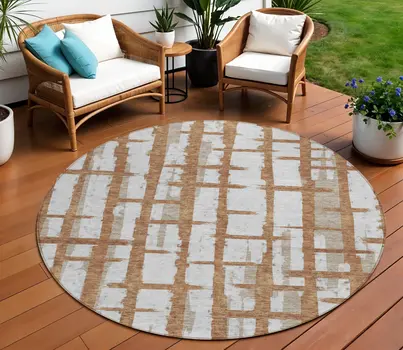 8' Brown Beige And Ivory Round Striped Washable Indoor Outdoor Area Rug
