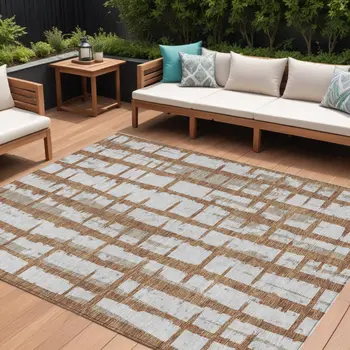8' X 10' Brown Beige And Ivory Striped Washable Indoor Outdoor Area Rug