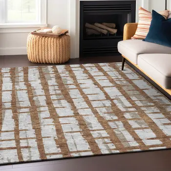 10' X 14' Brown Beige And Ivory Striped Washable Indoor Outdoor Area Rug