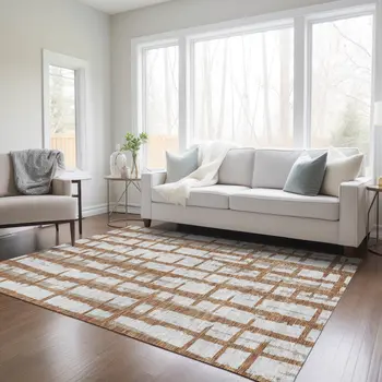 10' X 14' Brown Beige And Ivory Striped Washable Indoor Outdoor Area Rug