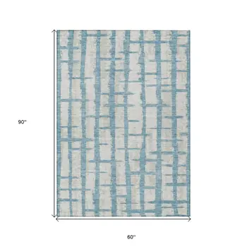 5' X 8' Sky Blue And Gray Striped Washable Indoor Outdoor Area Rug